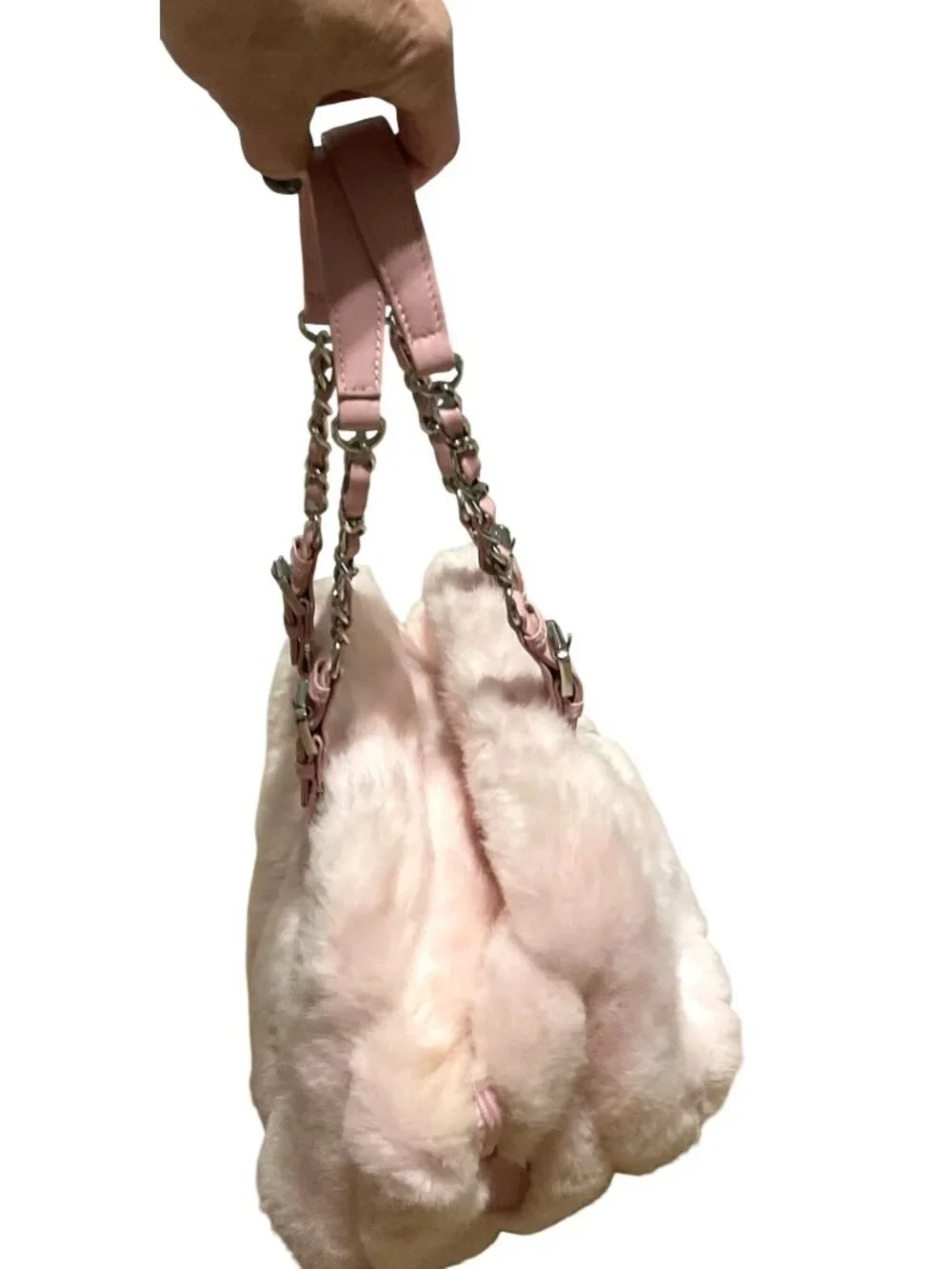 My Flat In London Scottie Pink Faux Fur Handbag With Chain Straps & Charm Accent